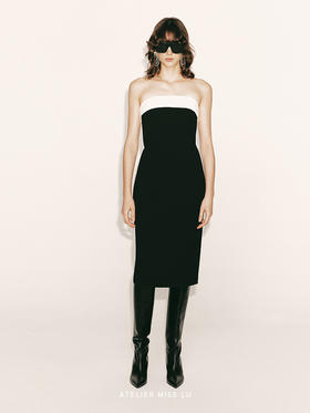 【巴黎诗人】弧形撞色抹胸修身连衣裙23000062