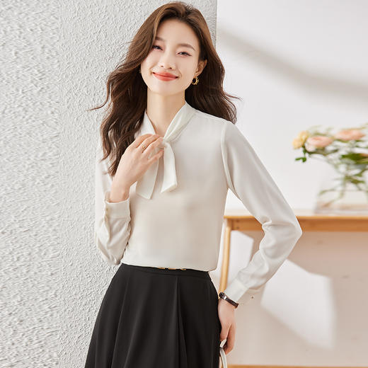 Q6896新款长袖衬衫百搭小众洋气系带显瘦时尚春秋宽松纯色韩版 商品图4