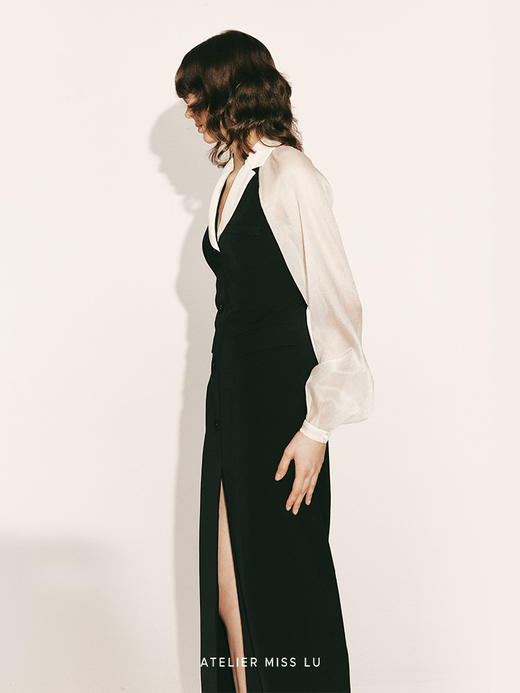 【轮回】撞色翻领削肩露背马甲收腰纱袖长裙230000022 商品图1