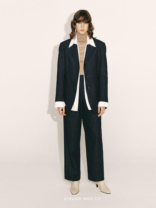 【深海】绵羊毛宽肩廓形条纹西装外套230052A 商品图0