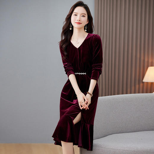 秋装新款，金丝绒修身鱼尾连衣裙HR-LMYS637 商品图0