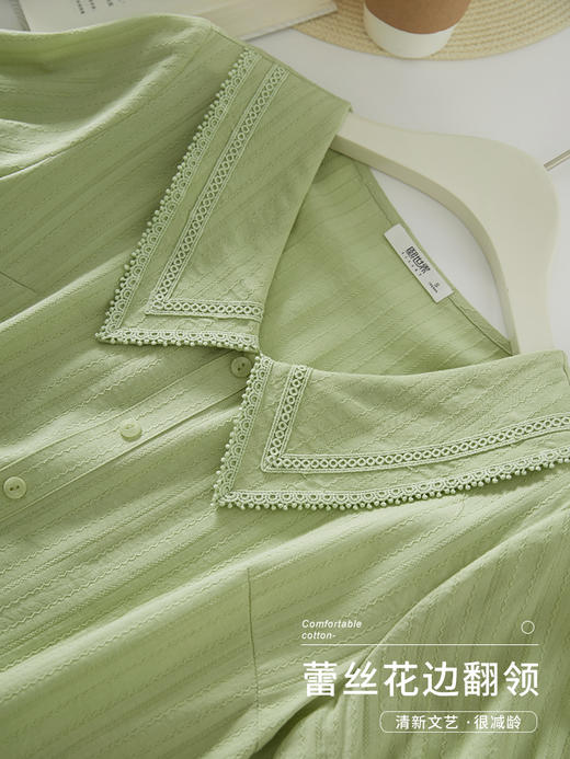 【五折购】熙世界纯棉短袖衬衫女夏2025年新款清新绿色减龄蕾丝花边翻领上衣 商品图2