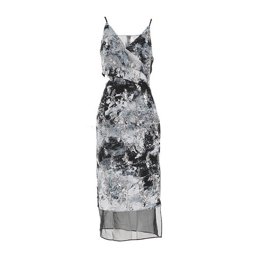 VIMAGE纬漫纪秋新款蕾丝拼印花吊带开叉复古性感连衣裙V2077606 商品图6