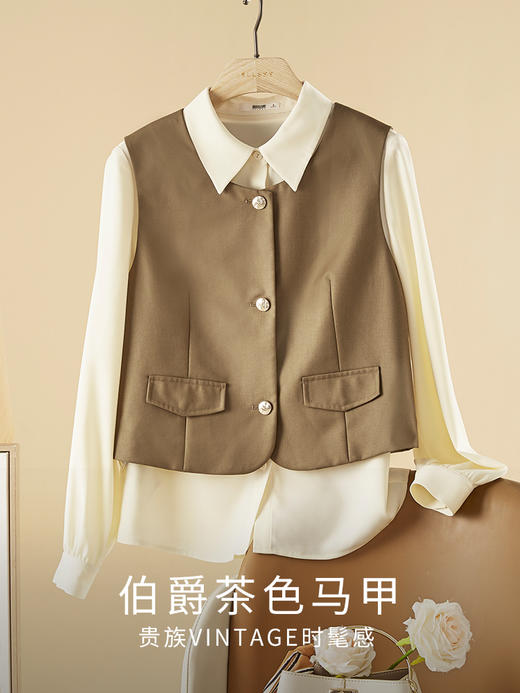 【专属特惠】熙世界短款马甲背心外套女2025秋新款通勤时尚复古无袖西装上衣 商品图2