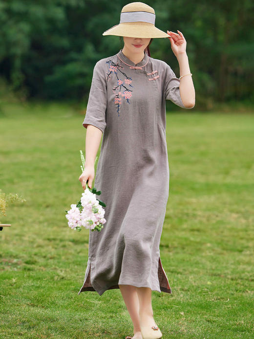 HM-C006春夏原创新款国风刺绣古典改良旗袍立领亚麻连衣裙一步裙 商品图0