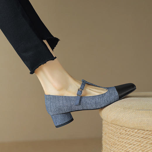 法式复古，新款玛丽珍鞋中跟拼色牛仔布方头丁字鞋漆皮粗跟单鞋NX-m1691 商品图2