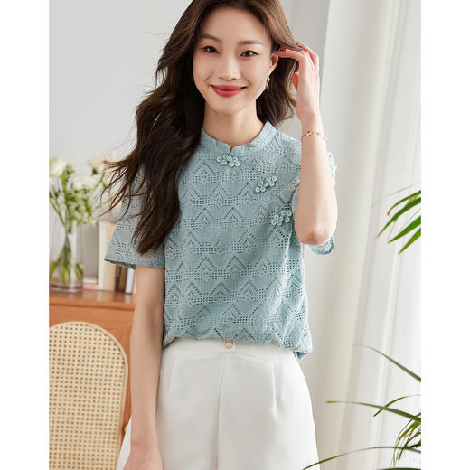 【专属特价】熙世界知性中国风旗袍盘扣蕾丝衫短袖女夏上衣国潮蕾丝衬衫显白仙气衬衣 商品图2