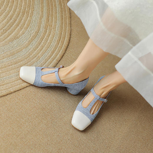 法式复古，新款玛丽珍鞋中跟拼色牛仔布方头丁字鞋漆皮粗跟单鞋NX-m1691 商品图1