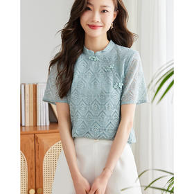 【专属特价】熙世界知性中国风旗袍盘扣蕾丝衫短袖女夏上衣国潮蕾丝衬衫显白仙气衬衣