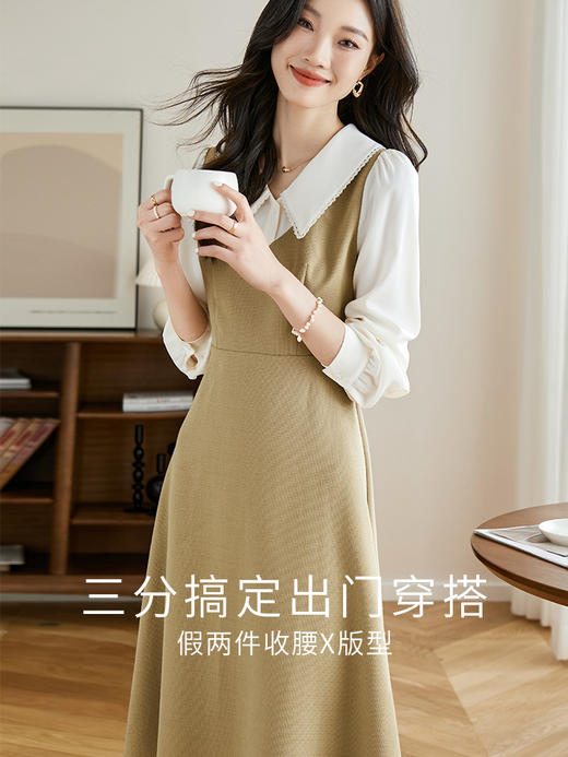 【专属特价】熙世界法式假两件连衣裙女2025秋新款小香风长袖拼接翻领衬衫裙 商品图1