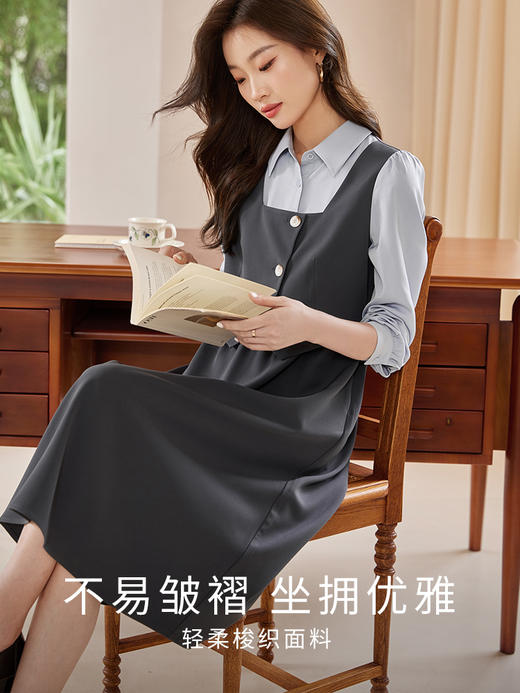 【专属特价】熙世界假三件套连衣裙女2025秋款气质收腰显瘦衬衫翻领拼接裙子 商品图1