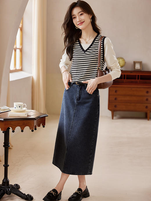 【129选3件，不退换】熙世界假两件长袖拼接华夫格条纹T恤衫女设计感上衣2025秋新款 商品图4