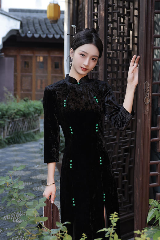 丝绒改良前开叉，日常遮肉七分袖新中式旗袍XL-23267 商品图4