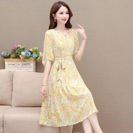 OMS-OSB305-L 2023年秋款印花中长款系带收腰时尚雪纺裙圆领五分袖气质连衣裙 商品图1