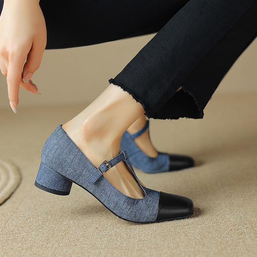 法式复古，新款玛丽珍鞋中跟拼色牛仔布方头丁字鞋漆皮粗跟单鞋NX-m1691 商品图3