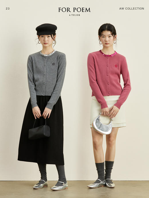 ForPoem 23/AW 原创设计亮片领口纯羊毛花朵刺绣针织开衫女短款毛衣外套 商品图0