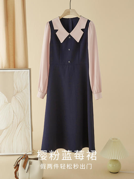 【年终特卖】熙世界撞色假两件连衣裙女时尚复古高级感气质收腰裙子2025秋款 商品图3