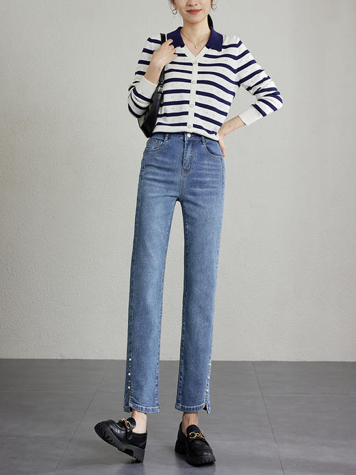 【专属特惠】熙世界钉珠开叉牛仔裤春秋2025新款小个子显高显瘦直筒烟管裤子 商品图3