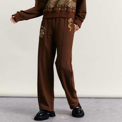 谜底直筒裤女2023秋新款复古绣花宽松休闲裤松紧腰长裤233MK1051 商品图1