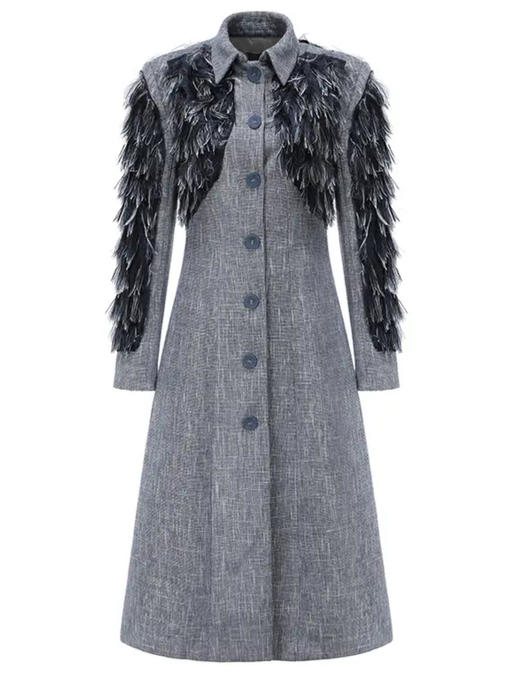 【细沙海岸】羽翼流苏拼接垫肩收腰A字长款外套230000026B 商品图4