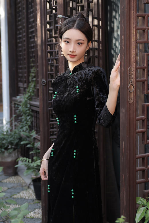 丝绒改良前开叉，日常遮肉七分袖新中式旗袍XL-23267 商品图2