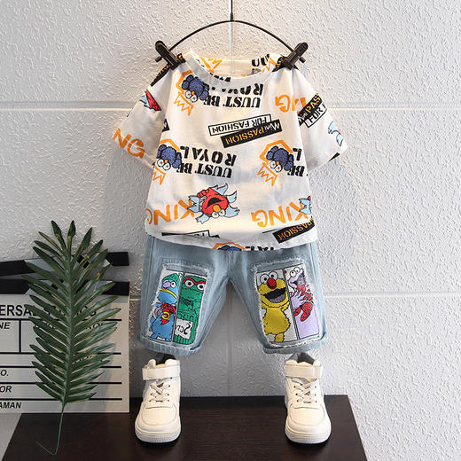 【时尚潮流！夏季网红短袖两件套】芝麻街男童夏装套装2023新款，洋气宝宝夏天衣服潮，儿童夏季网红短袖两件套lish 商品图0