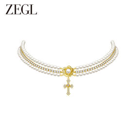 ZEGL设计师十字架系列巴洛克人造珍珠叠戴项链女法式复古锁骨颈链