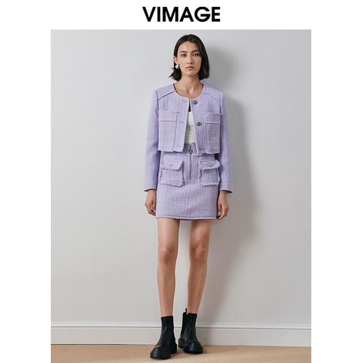 VIMAGE纬漫纪秋季新款高腰拉链带口袋设计小香风半裙V2006613 商品图1