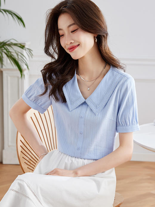 【五折购】熙世界纯棉短袖衬衫女夏2025年新款清新绿色减龄蕾丝花边翻领上衣 商品图1