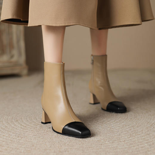 百搭拼色全皮瘦瘦靴，粗中跟方头牛皮短靴ZYY-A485 商品图1