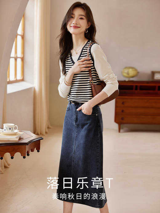 【129选3件，不退换】熙世界假两件长袖拼接华夫格条纹T恤衫女设计感上衣2025秋新款 商品图2