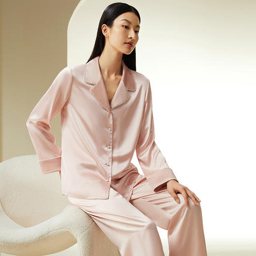 【珍珠与真丝】真丝睡衣19姆米桑蚕丝简约长袖衣裤套可外穿家居服女金三塔  YSFDD202 商品图1