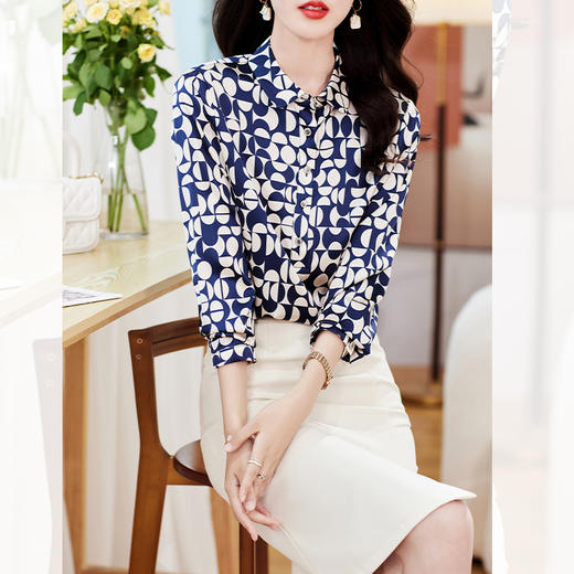 TC7975 重磅真丝衬衫女2023新款长袖大码妈妈桑蚕丝印花时尚翻领百搭衬衣 商品图0
