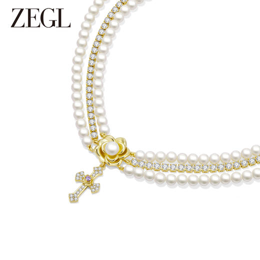 ZEGL设计师十字架系列巴洛克人造珍珠叠戴项链女法式复古锁骨颈链 商品图5