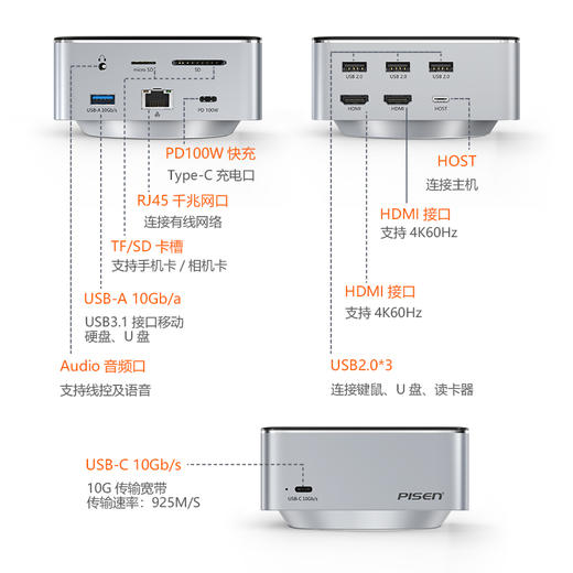 品胜 Type-C多功能桌面式扩展坞-双HDMI(镜面款) 支持键鼠/U盘/移动硬盘使用 即插即用 商品图2