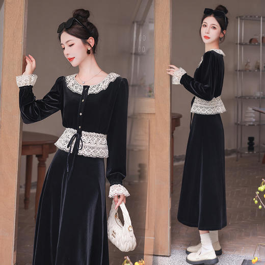 秋装新款，黑白撞色时尚气质长袖丝绒套装HR-YJLY8019 商品图0