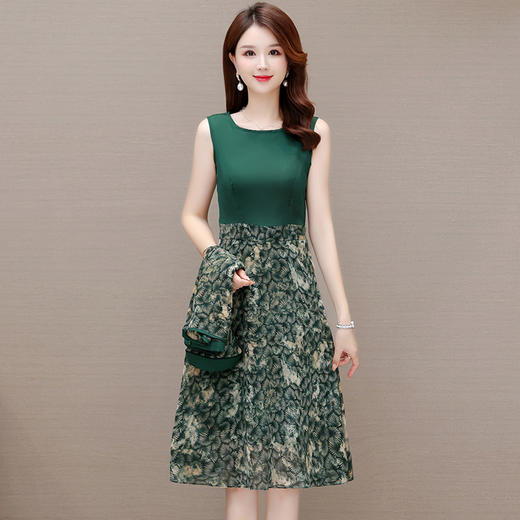 绿色印花套装连衣裙，秋季新款外套+无袖中长款两件套QYM-TYP-AY2326-Y 商品图1
