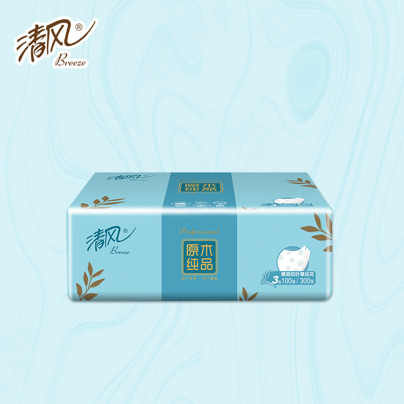 清风原木纯品3层四叶草压花100抽抽取式面巾纸24包/箱BR40AQ