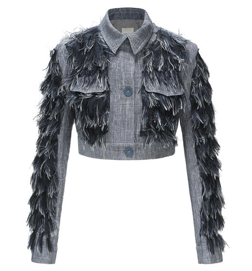 【丹宁波斯猫】羽翼流苏拼接窄身短款外套230048B 商品图4