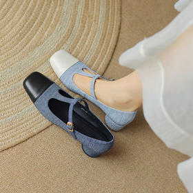 法式复古，新款玛丽珍鞋中跟拼色牛仔布方头丁字鞋漆皮粗跟单鞋NX-m1691