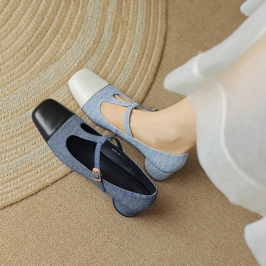 法式复古，新款玛丽珍鞋中跟拼色牛仔布方头丁字鞋漆皮粗跟单鞋NX-m1691 商品图0