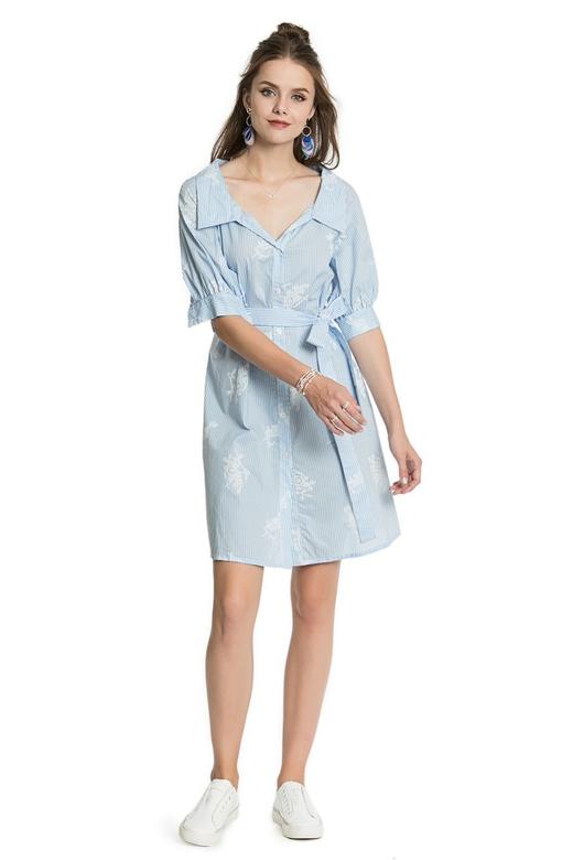 SUMMER & SAGE 蓝白条纹绣花系带衬衫裙 3335 商品图0