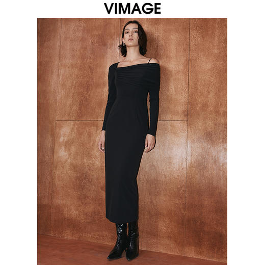 VIMAGE纬漫纪秋季新款不对称露肩长袖黑色连衣裙V2077602 商品图2