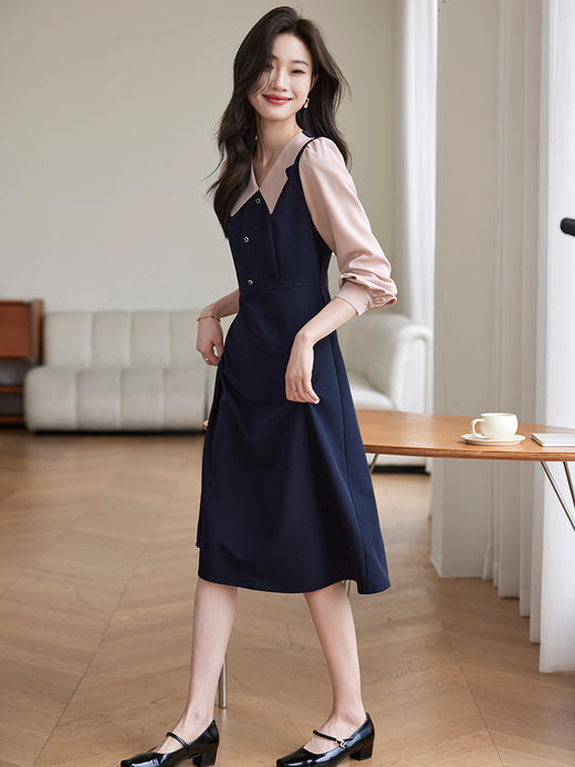 【年终特卖】熙世界撞色假两件连衣裙女时尚复古高级感气质收腰裙子2025秋款 商品图4