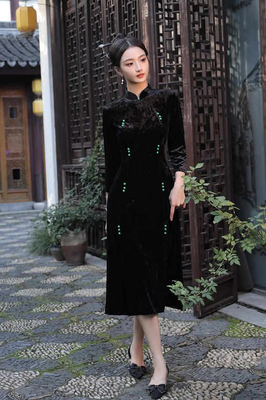 丝绒改良前开叉，日常遮肉七分袖新中式旗袍XL-23267 商品图0