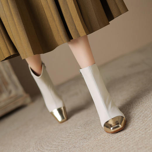 百搭拼色全皮瘦瘦靴，粗中跟方头牛皮短靴ZYY-A485 商品图3