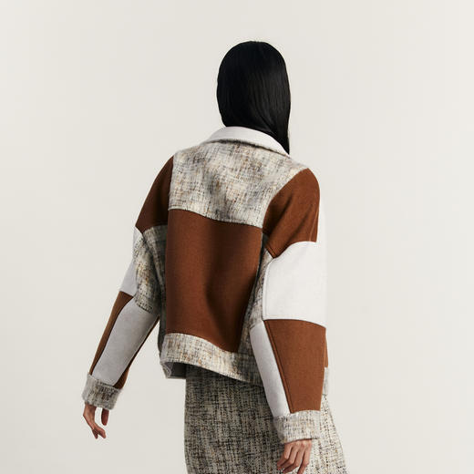 谜底拼接外套长袖2023秋新款时髦百搭立领短款毛呢大衣233MD1087 商品图2