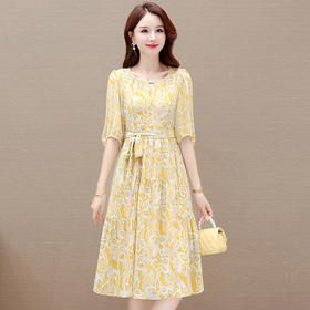 OMS-OSB305-L 2023年秋款印花中长款系带收腰时尚雪纺裙圆领五分袖气质连衣裙