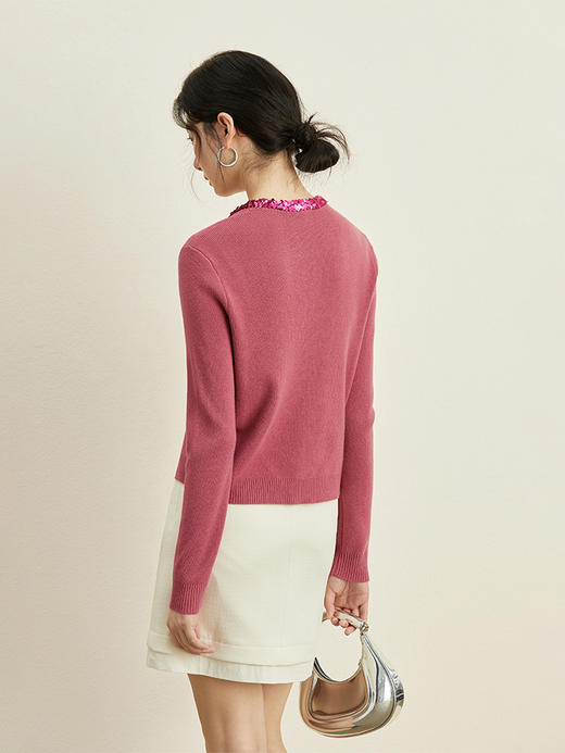 ForPoem 23/AW 原创设计亮片领口纯羊毛花朵刺绣针织开衫女短款毛衣外套 商品图3