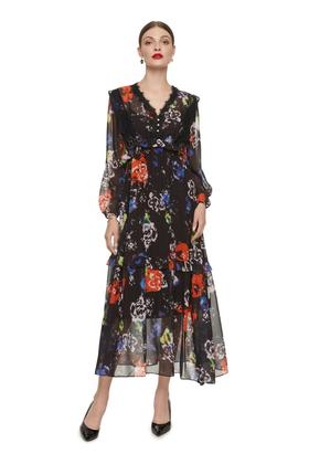 SUMMER & SAGE 黑色印花雪纺连衣裙 7316